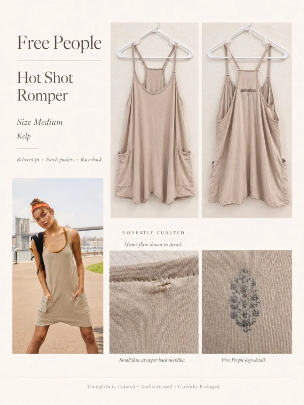Free People Hot Shot Romper Kelp Size Medium Pockets Casual